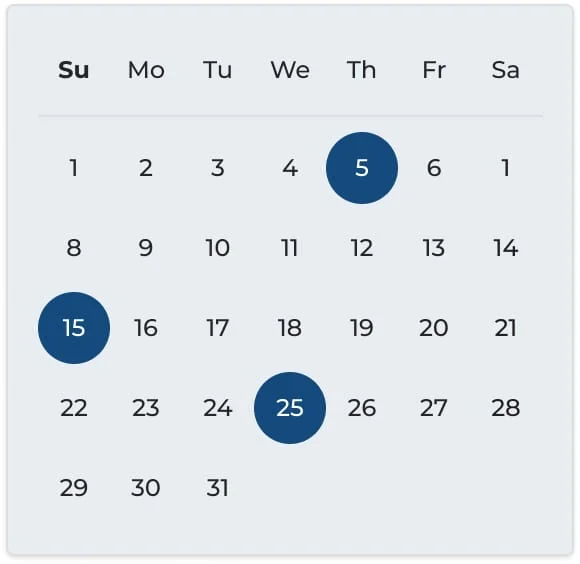 Hizentra infusion schedule calendar for Sarah, a hypothetical patient with PI